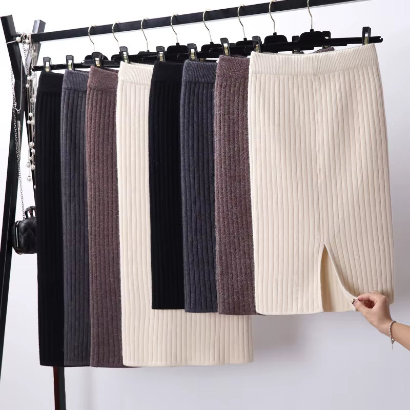 Women'S Autumn Pencil Knitted Skirt High Waist Warm Elegant Knitting Ribbed Skirts Female 2022 Winter Party Skirts