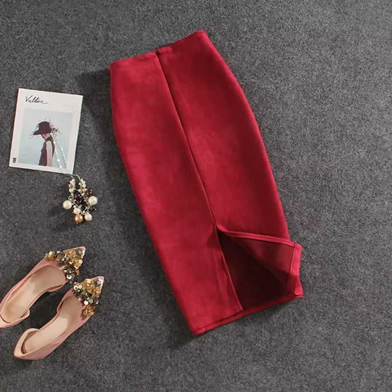 Women Skirts Suede Split Thick Stretchy Skirt Female Pencil Skirts Jupe Femme Faldas Mujer