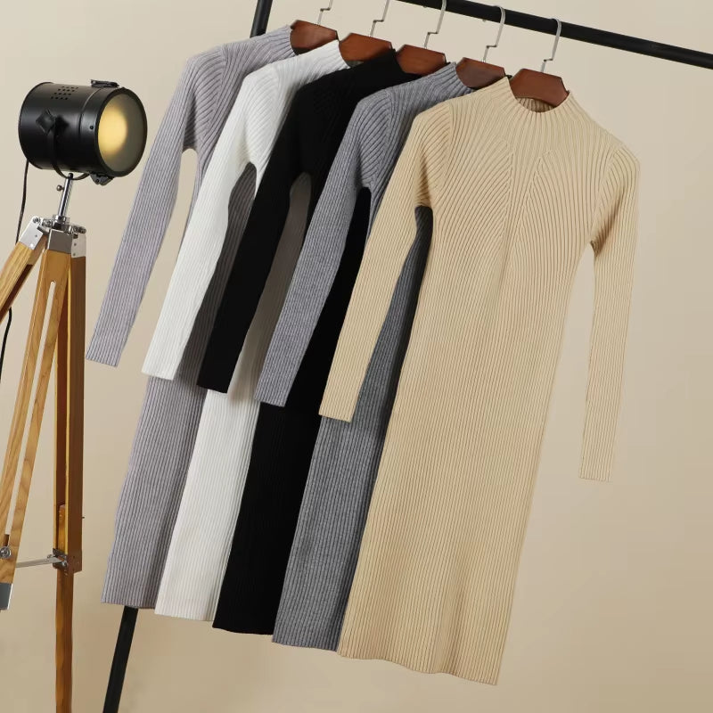 Sweater Dress Female 2025 Winter Knitted Basic Casual Women'S Dresses Ladies Korean Fashion Clothes Clothing Robe Elegant Black