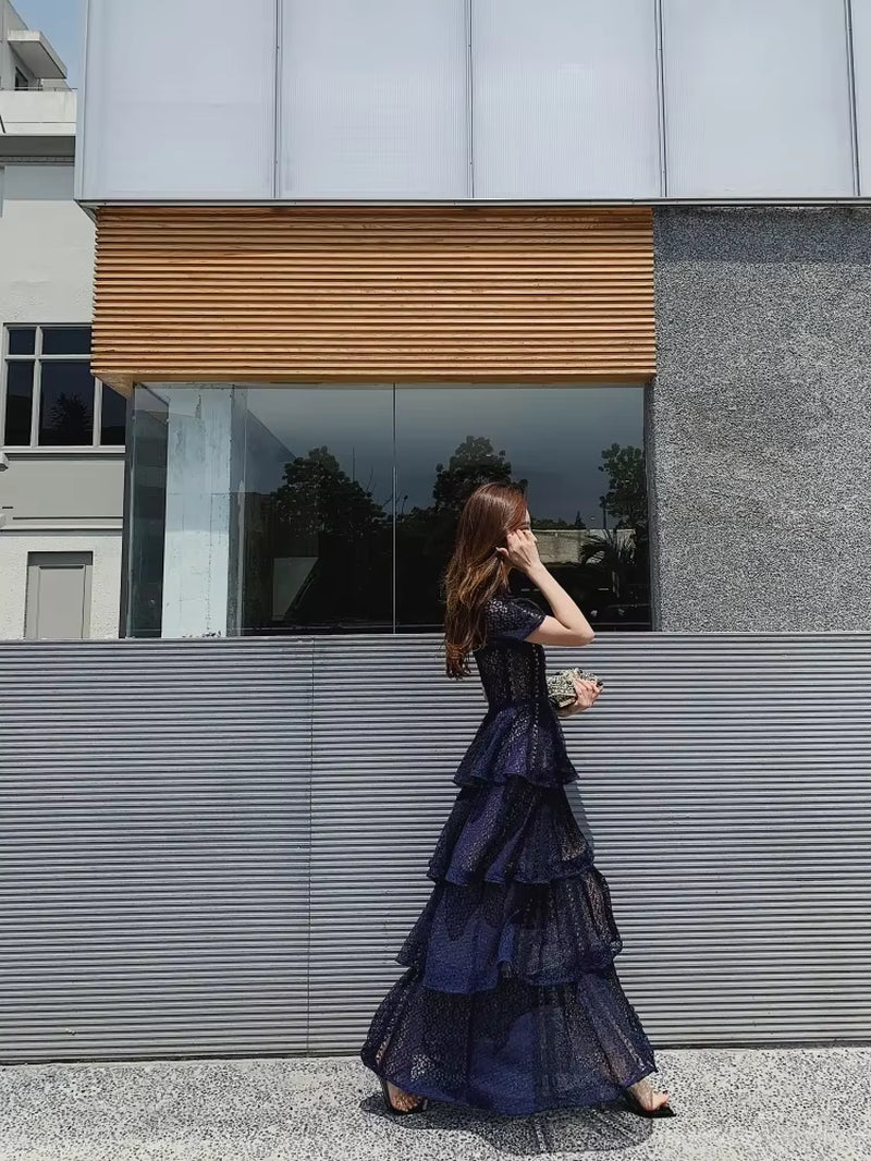 Maxi Dresses for Women 2023 New Summer Dark Blue Exquisite Lace Stitching Short Sleeve Multi-Layer Cake Dress Slimming Dress