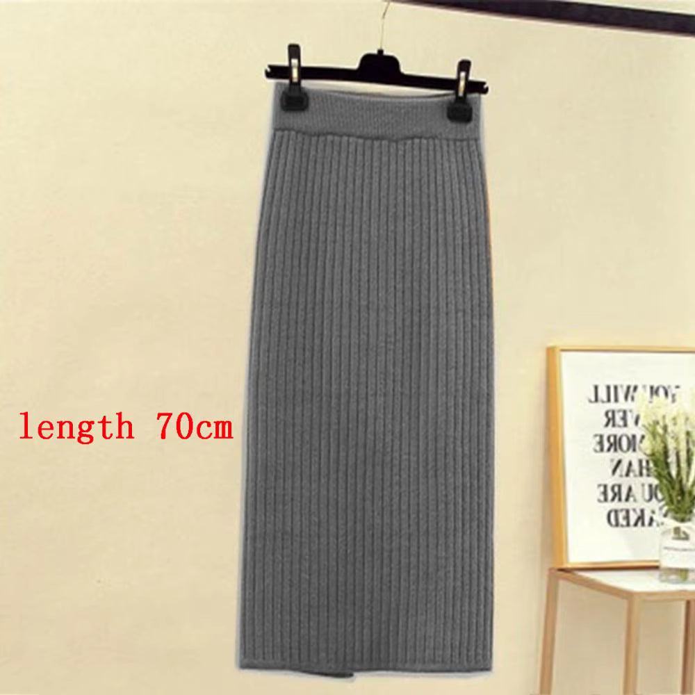 Women'S Autumn Pencil Knitted Skirt High Waist Warm Elegant Knitting Ribbed Skirts Female 2022 Winter Party Skirts
