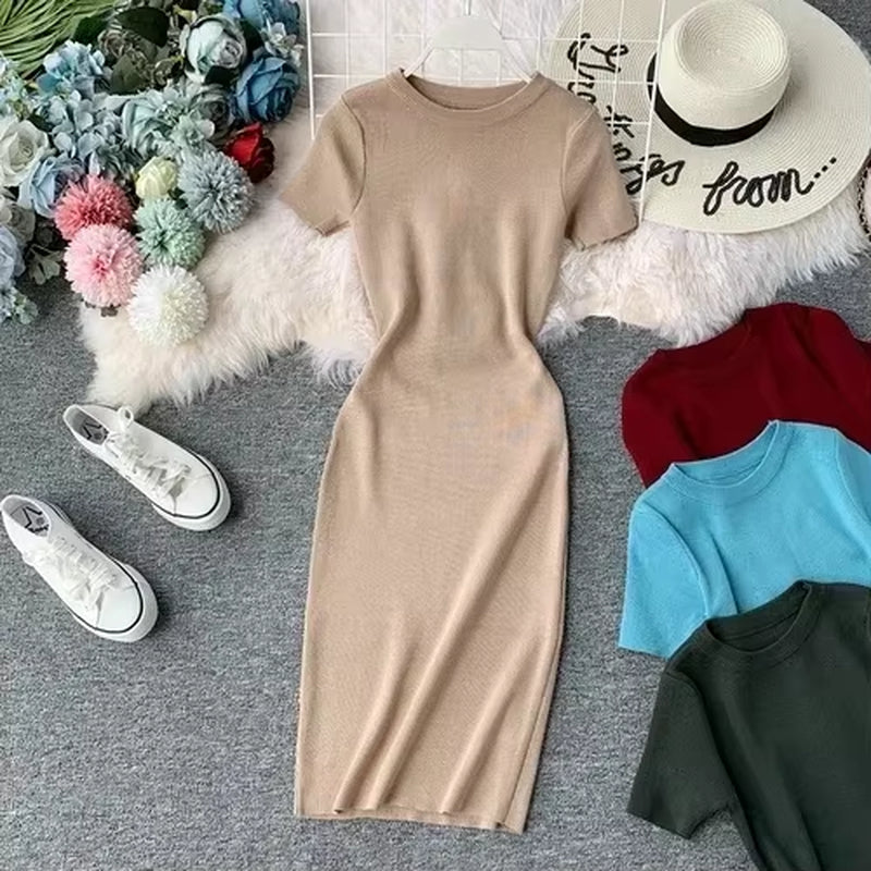 Sexy Dress Women Solid Bodycon Short Sleeve Summer Mini Dresses O-Neck Knitting Stretch Retro High Waist Vestido