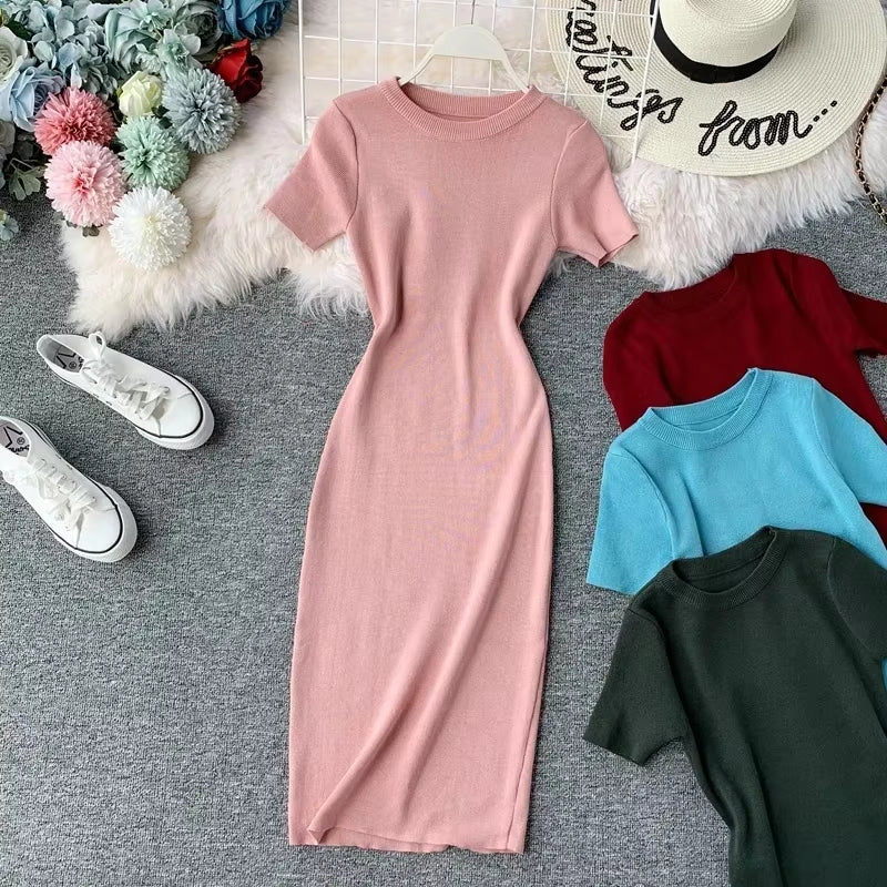 Sexy Dress Women Solid Bodycon Short Sleeve Summer Mini Dresses O-Neck Knitting Stretch Retro High Waist Vestido