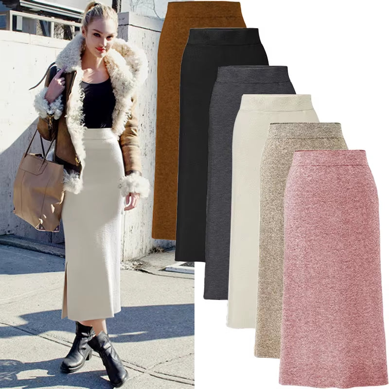 Fashion Autumn Winter Korean Knitted Women Skirts Large Size Elastic Waist Split A-Line Skirts Female plus Size Skirts