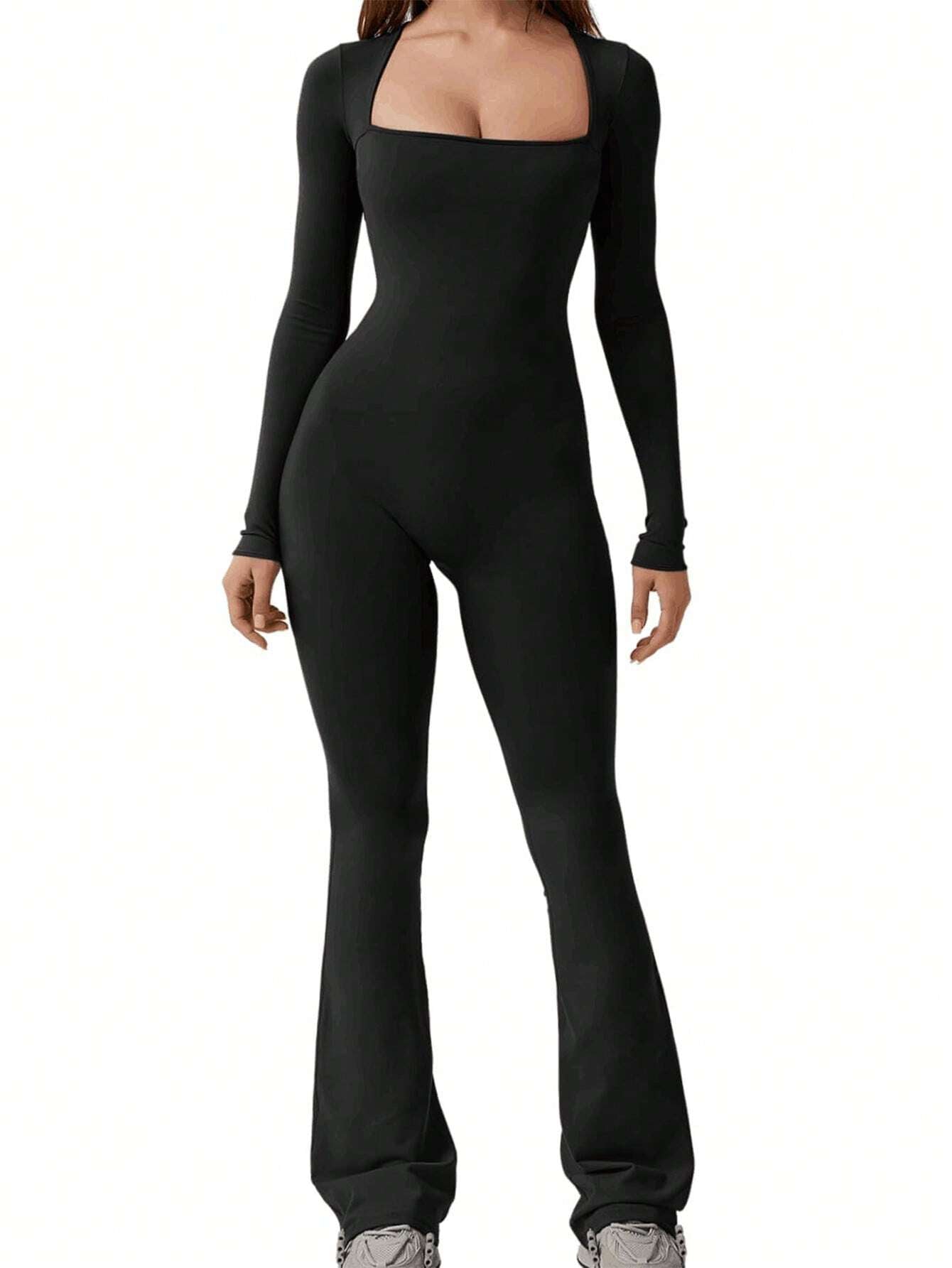 INAWLY Women'S Square Neck Long Sleeve Flare Jumpsuit