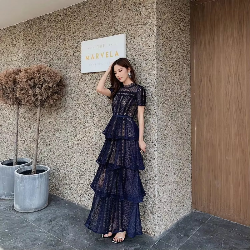 Maxi Dresses for Women 2023 New Summer Dark Blue Exquisite Lace Stitching Short Sleeve Multi-Layer Cake Dress Slimming Dress