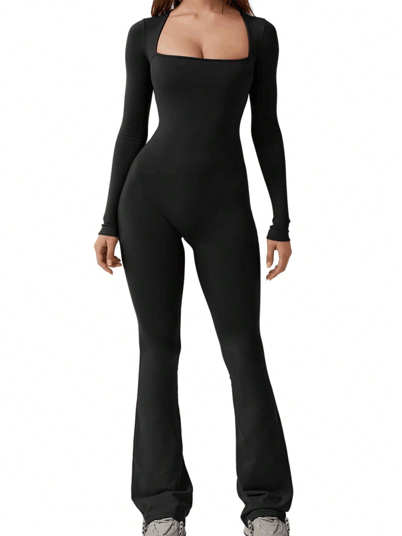 INAWLY Women'S Square Neck Long Sleeve Flare Jumpsuit