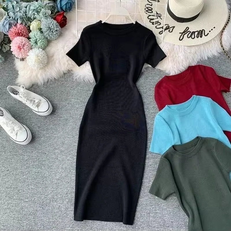 Sexy Dress Women Solid Bodycon Short Sleeve Summer Mini Dresses O-Neck Knitting Stretch Retro High Waist Vestido
