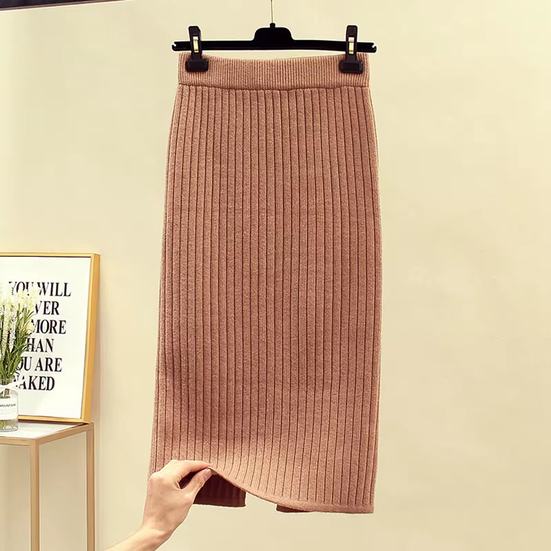 Women'S Autumn Pencil Knitted Skirt High Waist Warm Elegant Knitting Ribbed Skirts Female 2022 Winter Party Skirts