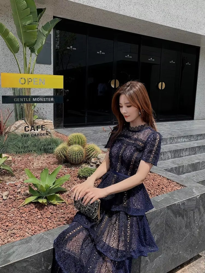 Maxi Dresses for Women 2023 New Summer Dark Blue Exquisite Lace Stitching Short Sleeve Multi-Layer Cake Dress Slimming Dress