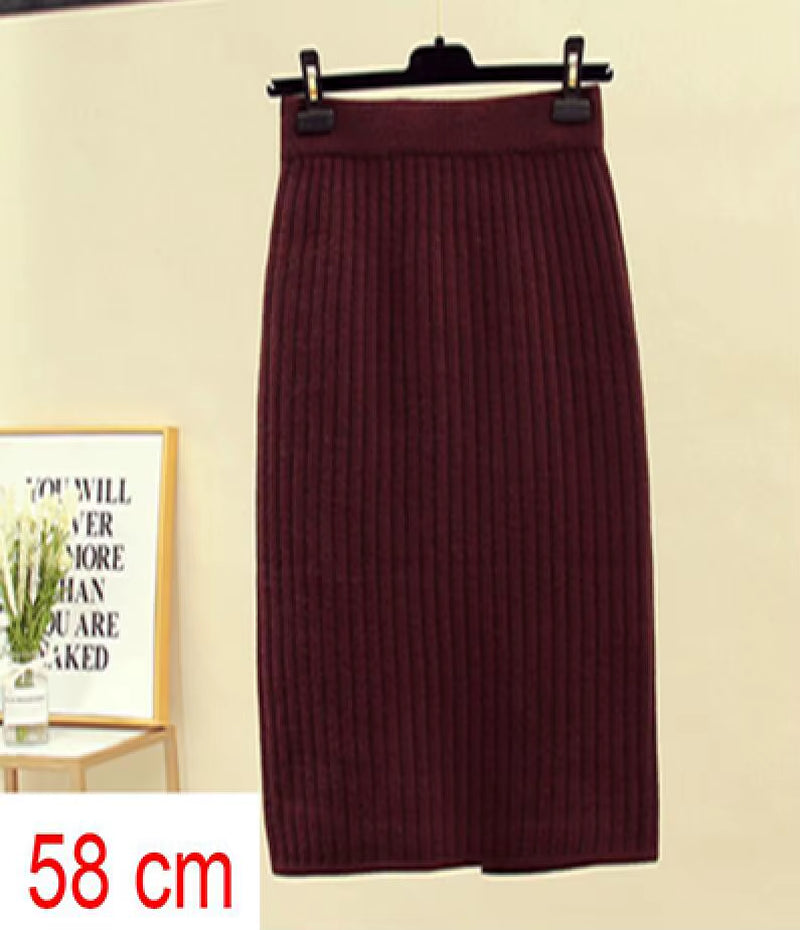 Women'S Autumn Pencil Knitted Skirt High Waist Warm Elegant Knitting Ribbed Skirts Female 2022 Winter Party Skirts