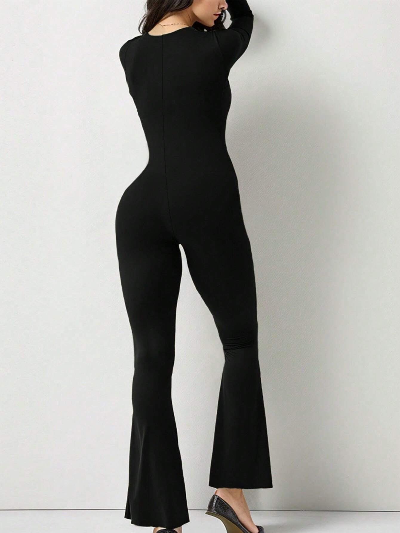 INAWLY Women'S Square Neck Long Sleeve Flare Jumpsuit