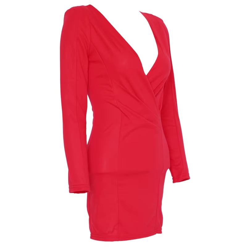 Sexy New Women Red Dresses Elegant Solid V Neck Short Slim Ladies Dress Women Vestidos Femininos Fashion Long Sleeve Midi Dress