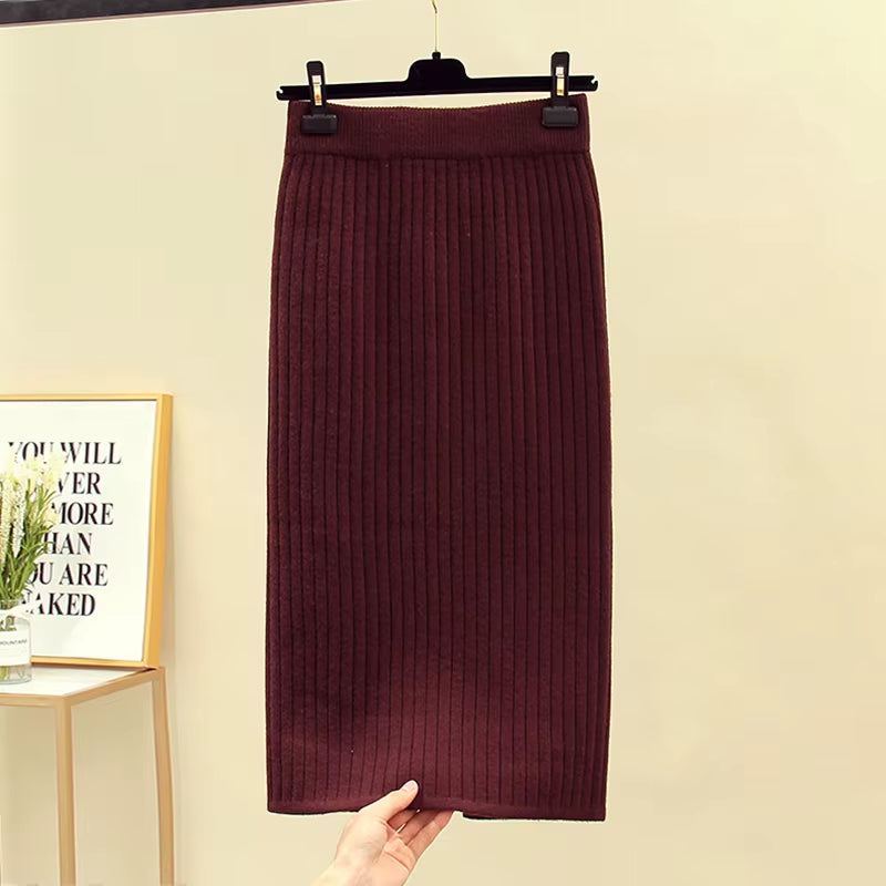 Women'S Autumn Pencil Knitted Skirt High Waist Warm Elegant Knitting Ribbed Skirts Female 2022 Winter Party Skirts