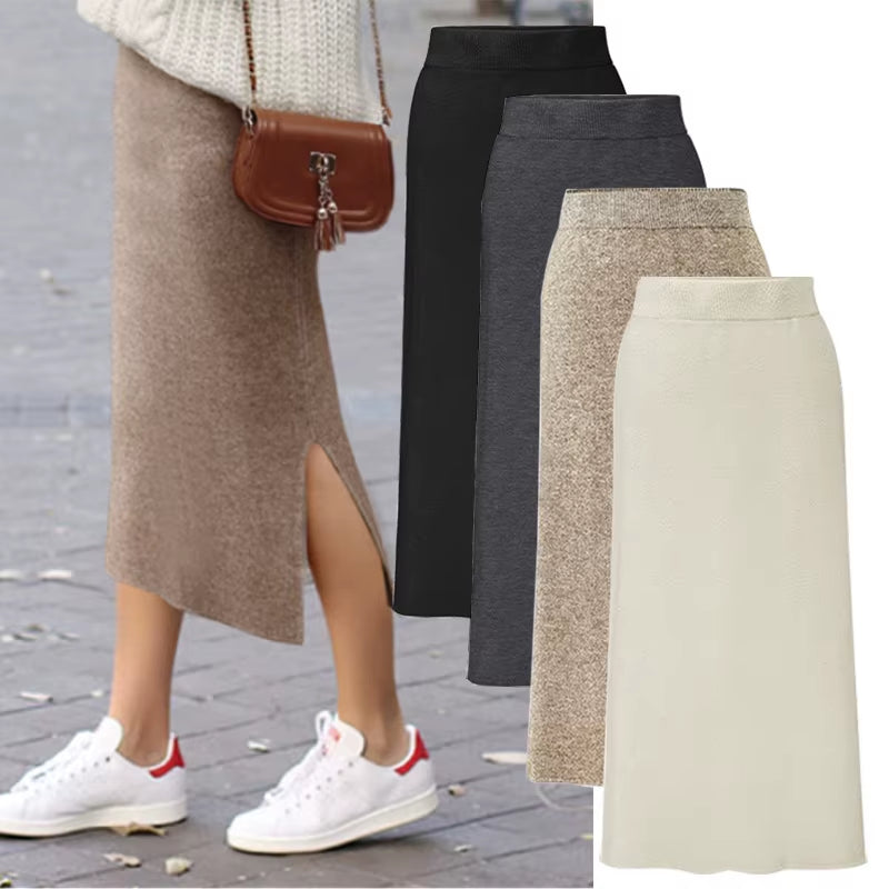 Fashion Autumn Winter Korean Knitted Women Skirts Large Size Elastic Waist Split A-Line Skirts Female plus Size Skirts