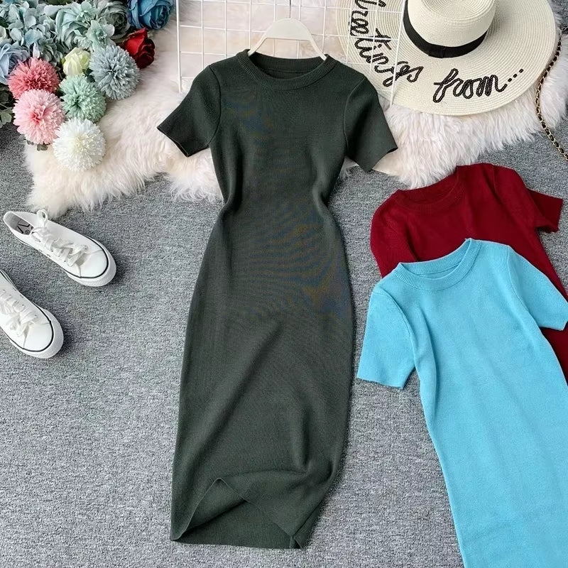 Sexy Dress Women Solid Bodycon Short Sleeve Summer Mini Dresses O-Neck Knitting Stretch Retro High Waist Vestido