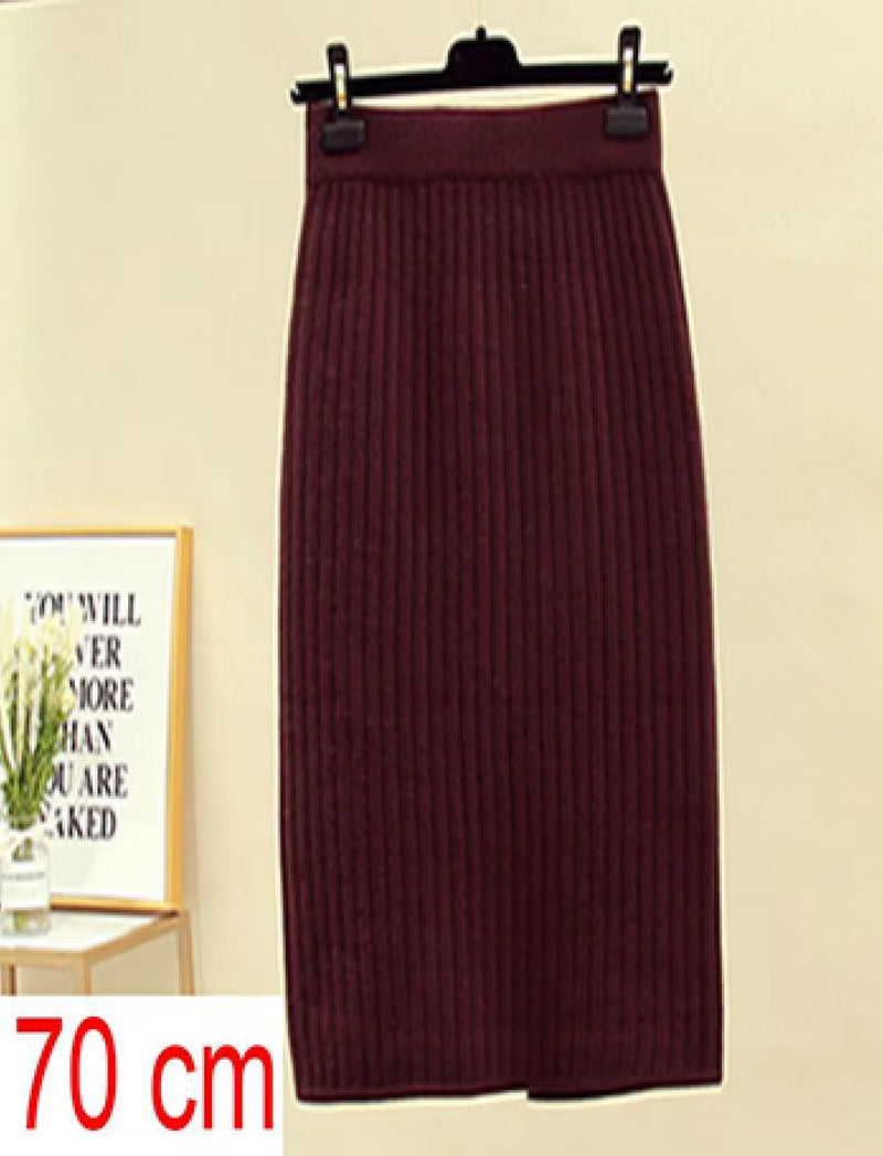 Women'S Autumn Pencil Knitted Skirt High Waist Warm Elegant Knitting Ribbed Skirts Female 2022 Winter Party Skirts