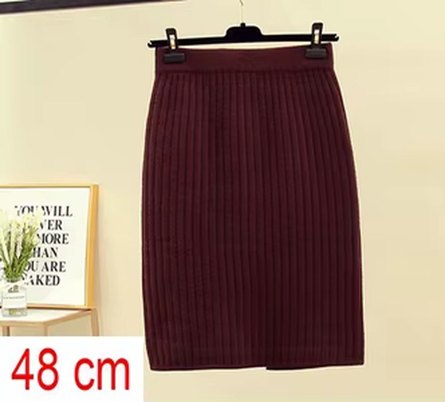 Women'S Autumn Pencil Knitted Skirt High Waist Warm Elegant Knitting Ribbed Skirts Female 2022 Winter Party Skirts