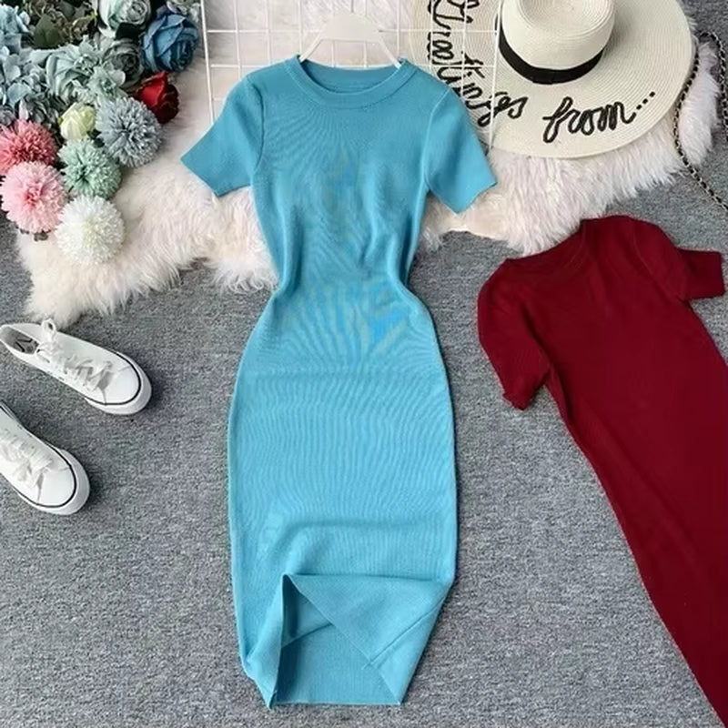 Sexy Dress Women Solid Bodycon Short Sleeve Summer Mini Dresses O-Neck Knitting Stretch Retro High Waist Vestido