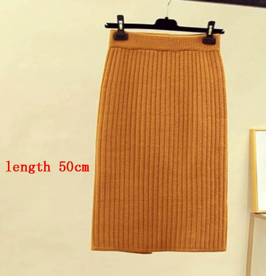 Women'S Autumn Pencil Knitted Skirt High Waist Warm Elegant Knitting Ribbed Skirts Female 2022 Winter Party Skirts