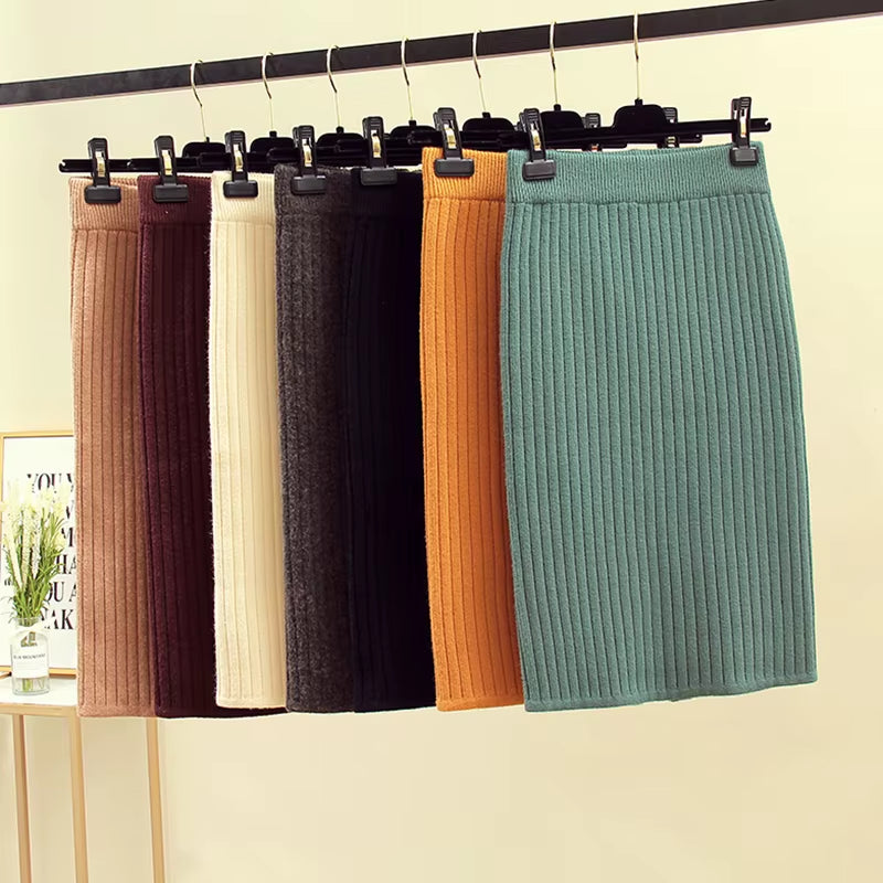 Women'S Autumn Pencil Knitted Skirt High Waist Warm Elegant Knitting Ribbed Skirts Female 2022 Winter Party Skirts