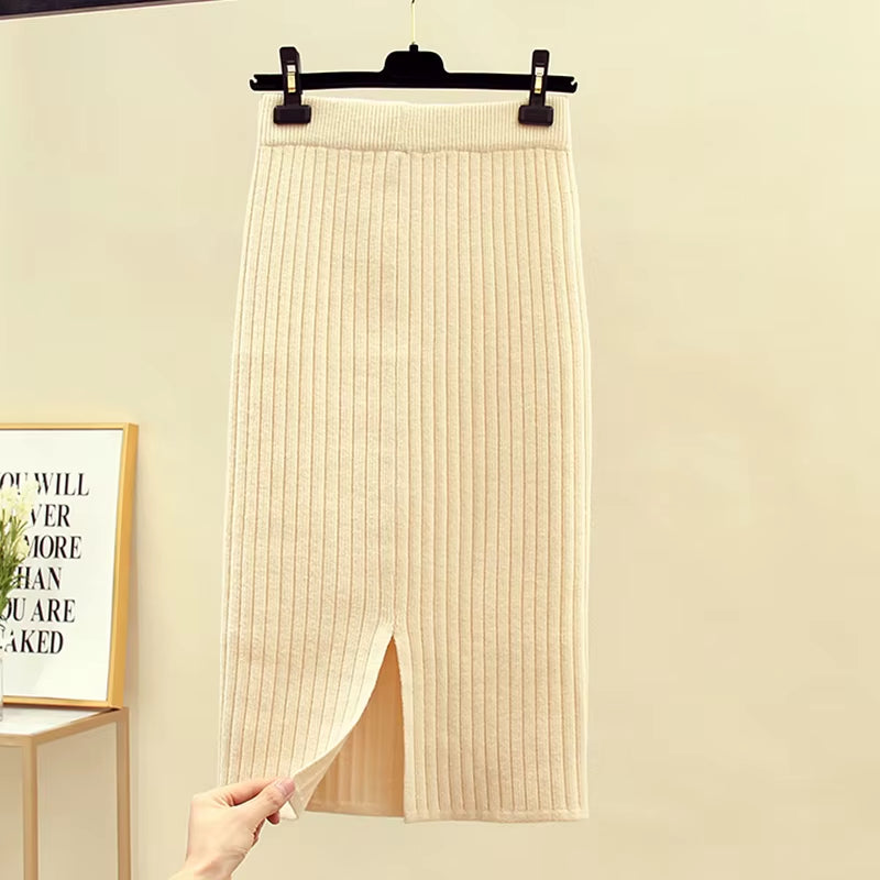 Women'S Autumn Pencil Knitted Skirt High Waist Warm Elegant Knitting Ribbed Skirts Female 2022 Winter Party Skirts