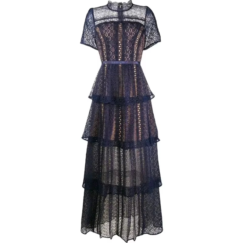 Maxi Dresses for Women 2023 New Summer Dark Blue Exquisite Lace Stitching Short Sleeve Multi-Layer Cake Dress Slimming Dress