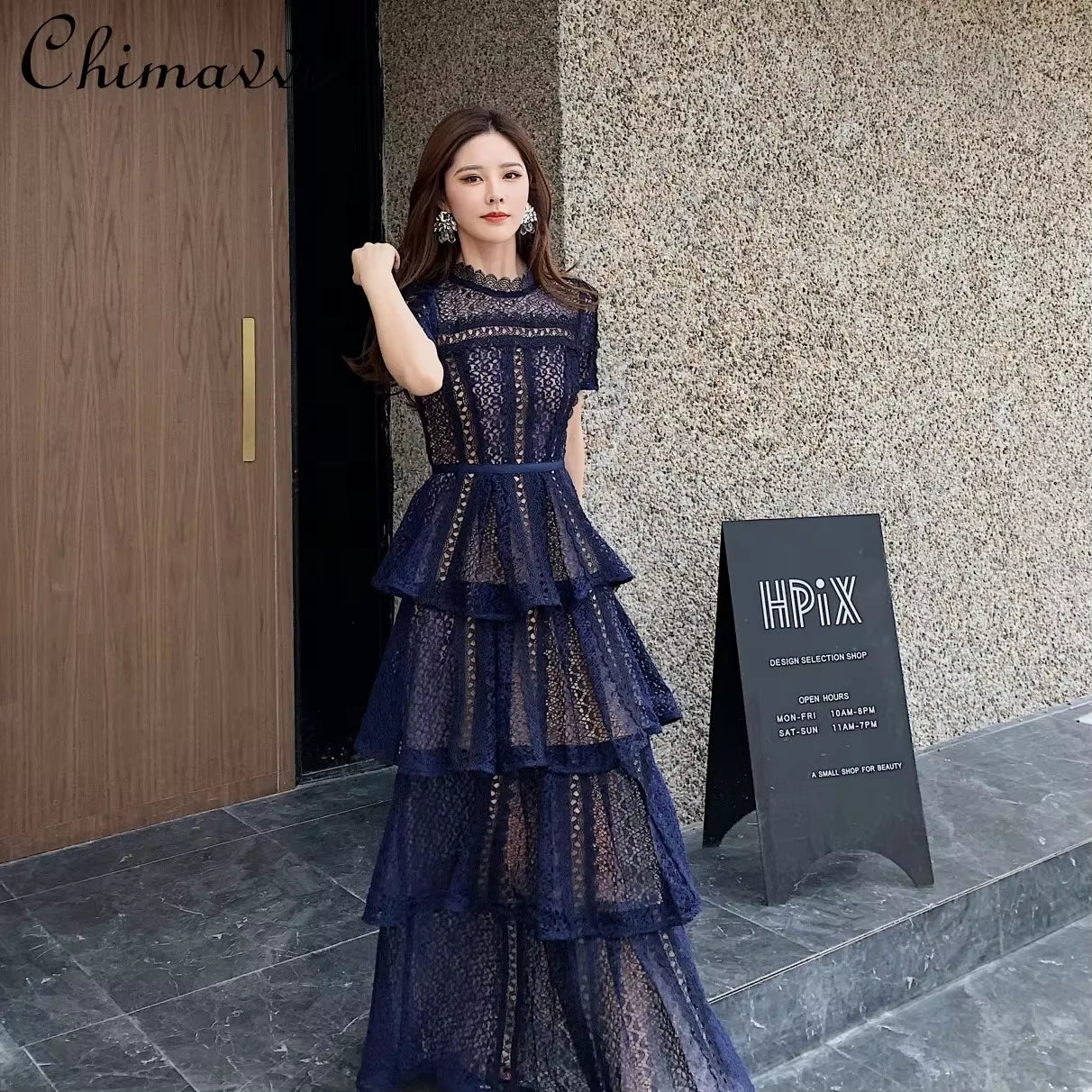 Maxi Dresses for Women 2023 New Summer Dark Blue Exquisite Lace Stitching Short Sleeve Multi-Layer Cake Dress Slimming Dress