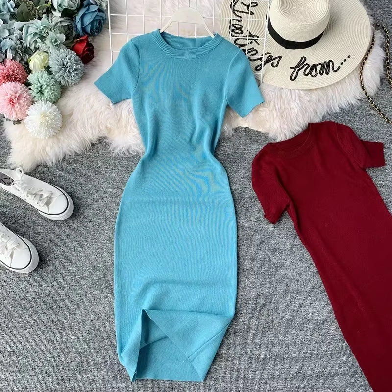 Sexy Dress Women Solid Bodycon Short Sleeve Summer Mini Dresses O-Neck Knitting Stretch Retro High Waist Vestido