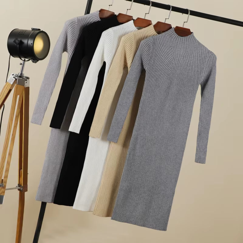 Sweater Dress Female 2025 Winter Knitted Basic Casual Women'S Dresses Ladies Korean Fashion Clothes Clothing Robe Elegant Black