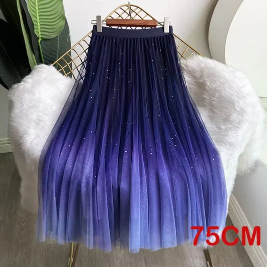 High Quality Fluffy Gradient Color Lush Puff Long Tutu Skirts Pink Green Blue Sequins Mesh Skirts