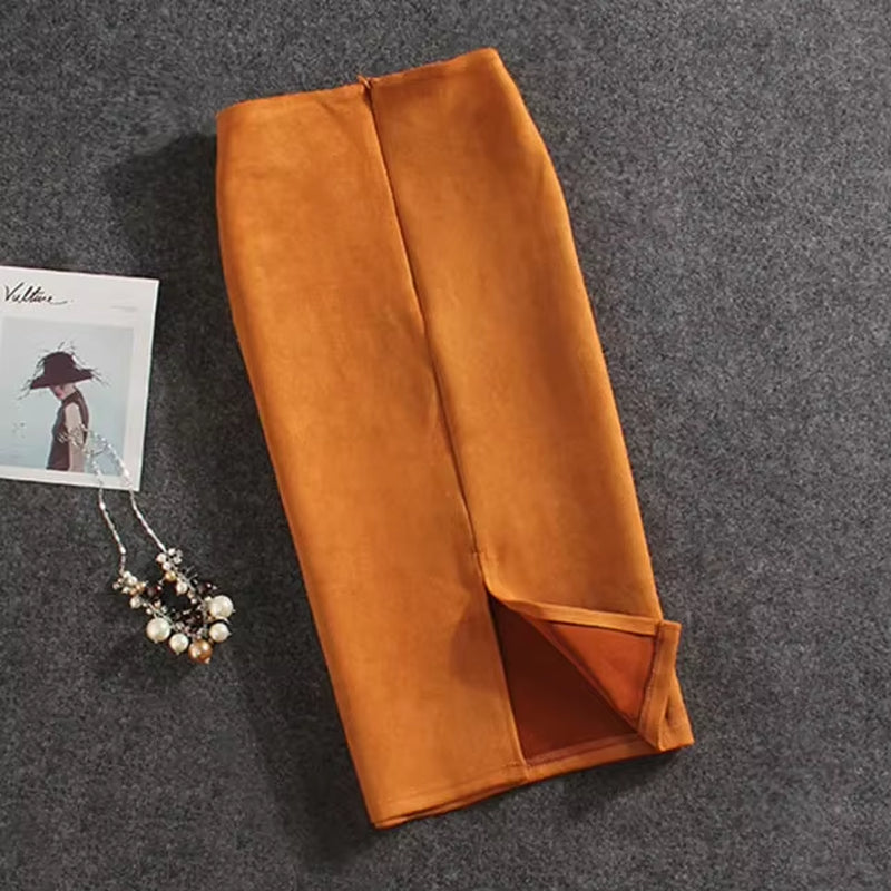 Women Skirts Suede Split Thick Stretchy Skirt Female Pencil Skirts Jupe Femme Faldas Mujer
