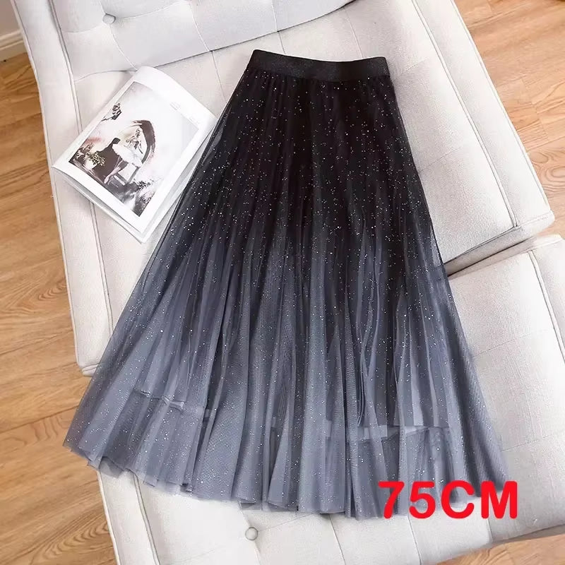 High Quality Fluffy Gradient Color Lush Puff Long Tutu Skirts Pink Green Blue Sequins Mesh Skirts