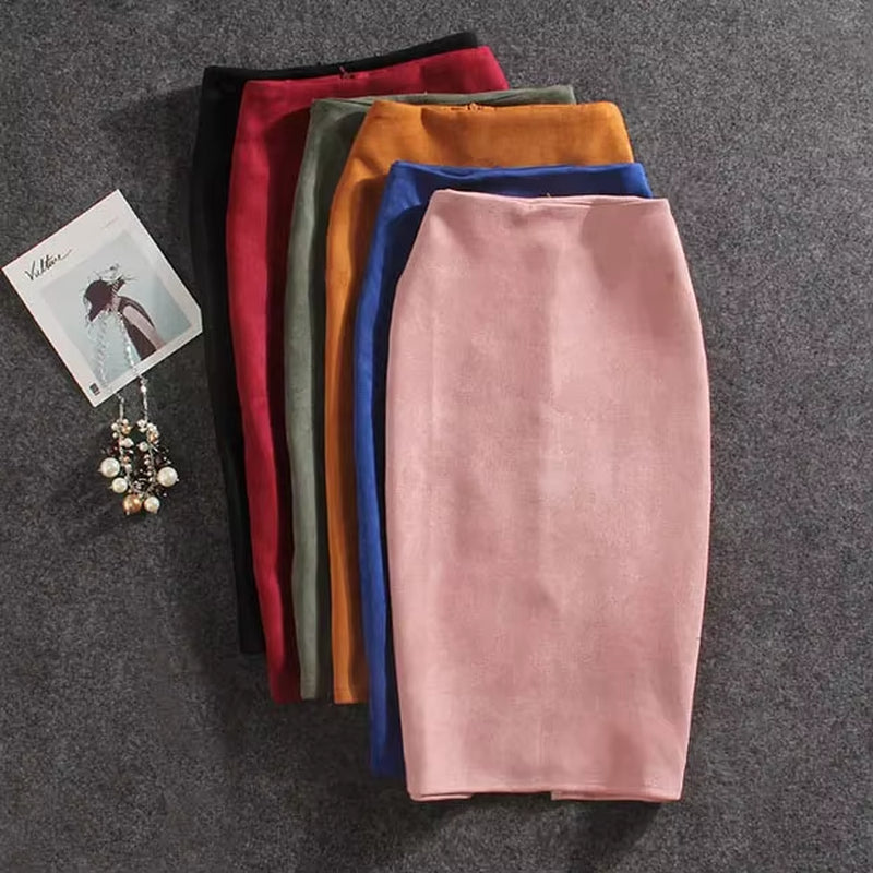 Women Skirts Suede Split Thick Stretchy Skirt Female Pencil Skirts Jupe Femme Faldas Mujer