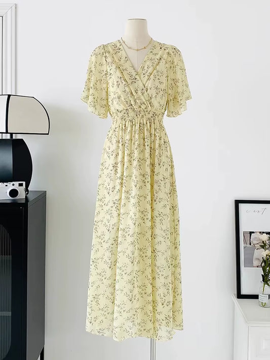 2025 Summer Women Ruffled Short-Sleeved Chiffon Dress V-Neck High Waist Floral Print Beach Midi Dresses Backless Sexy Vestidos