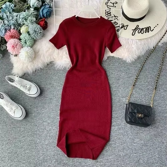 Sexy Dress Women Solid Bodycon Short Sleeve Summer Mini Dresses O-Neck Knitting Stretch Retro High Waist Vestido