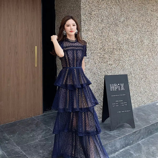 Maxi Dresses for Women 2023 New Summer Dark Blue Exquisite Lace Stitching Short Sleeve Multi-Layer Cake Dress Slimming Dress