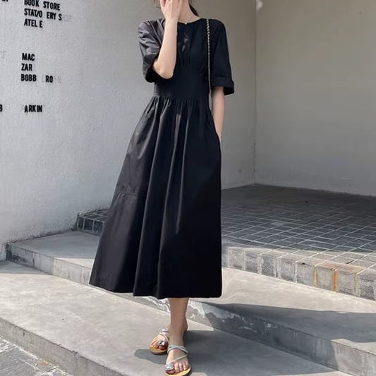Fashion Elegant Solid Color Waist Women'S Dresses Summer Vintage Casual Short Sleeve Simplicity Pockets Dress Female Clothing