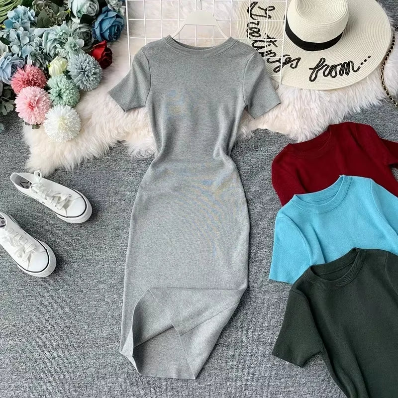 Sexy Dress Women Solid Bodycon Short Sleeve Summer Mini Dresses O-Neck Knitting Stretch Retro High Waist Vestido