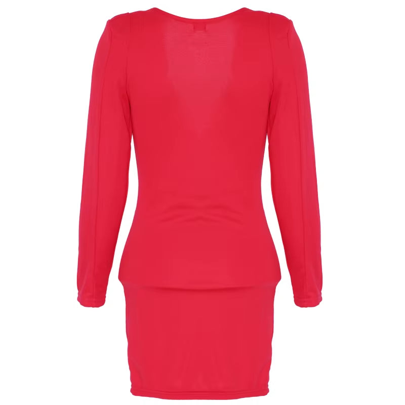 Sexy New Women Red Dresses Elegant Solid V Neck Short Slim Ladies Dress Women Vestidos Femininos Fashion Long Sleeve Midi Dress